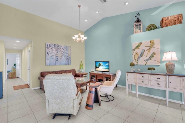 tiled living area featuring a notable chandelier, recessed lighting, high vaulted ceiling, and baseboards