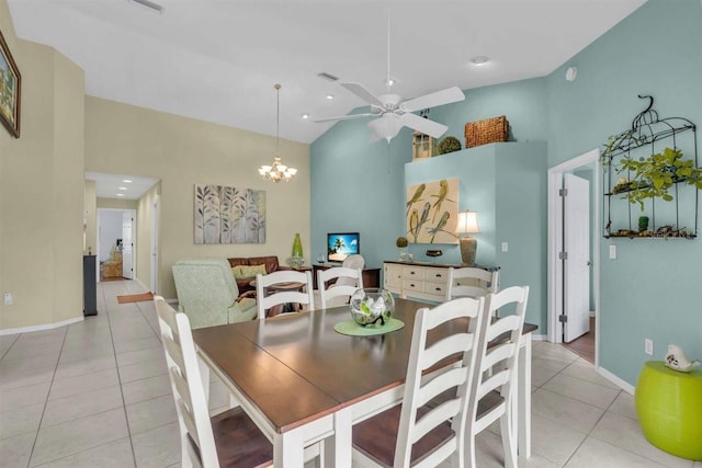 dining space featuring light tile patterned floors, baseboards, high vaulted ceiling, recessed lighting, and ceiling fan with notable chandelier