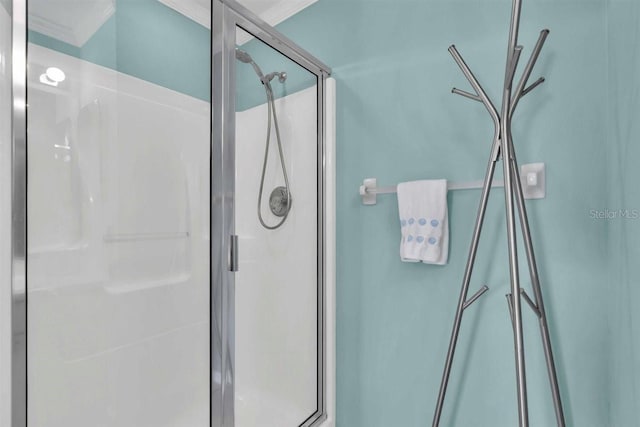 full bathroom with ornamental molding and a shower stall