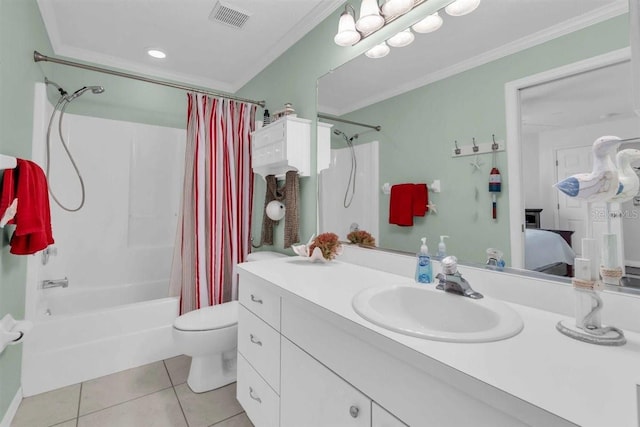 ensuite bathroom featuring tile patterned floors, visible vents, ornamental molding, and shower / bath combination with curtain