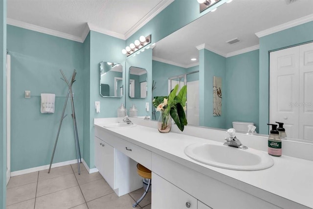 full bathroom with a shower stall, toilet, visible vents, and a sink