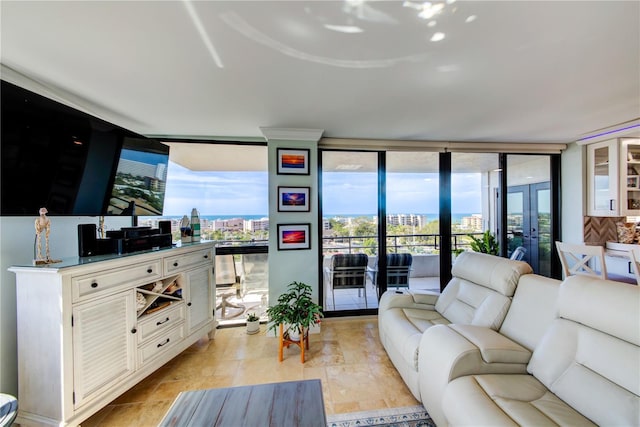 living room featuring french doors and floor to ceiling windows