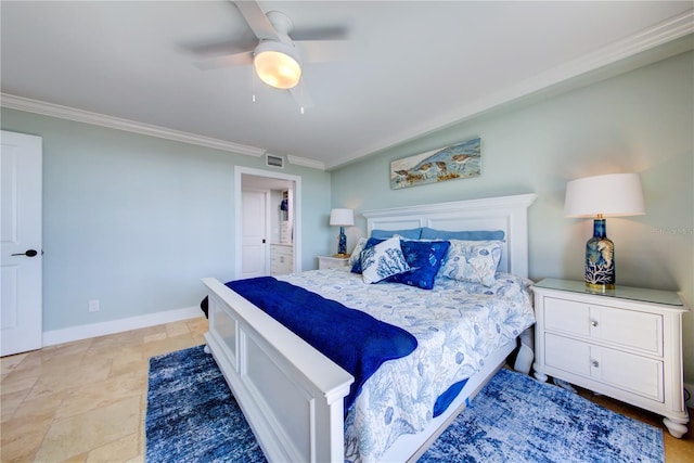 bedroom featuring visible vents, crown molding, baseboards, and ceiling fan