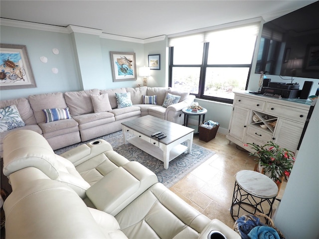 living room featuring crown molding and stone tile floors