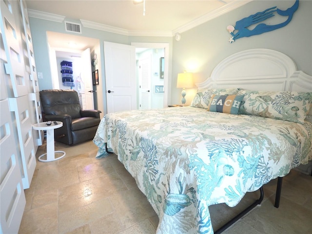 bedroom featuring stone tile floors, visible vents, and ornamental molding