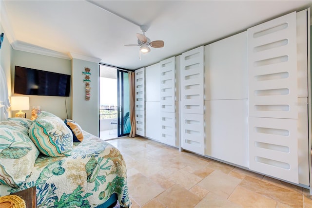 bedroom featuring access to exterior, crown molding, expansive windows, stone finish floor, and ceiling fan