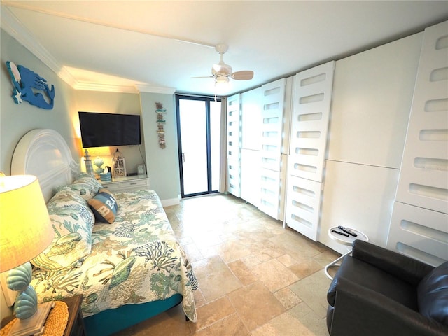 bedroom featuring baseboards, a ceiling fan, stone finish floor, access to outside, and crown molding