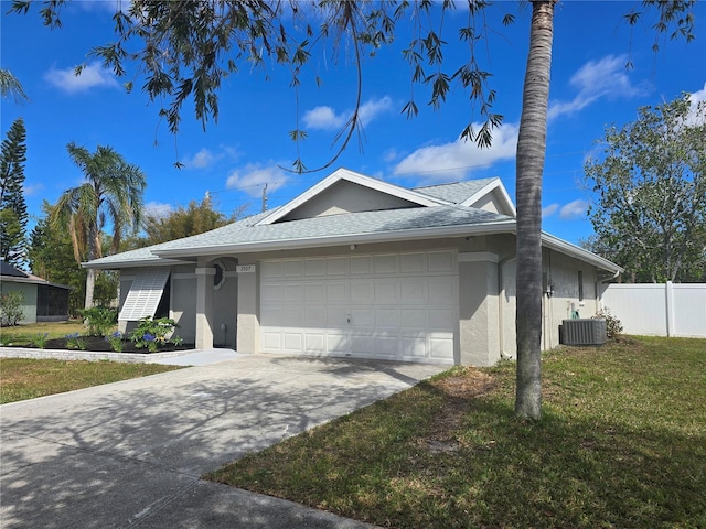 single story home with central AC unit, a front lawn, fence, and stucco siding