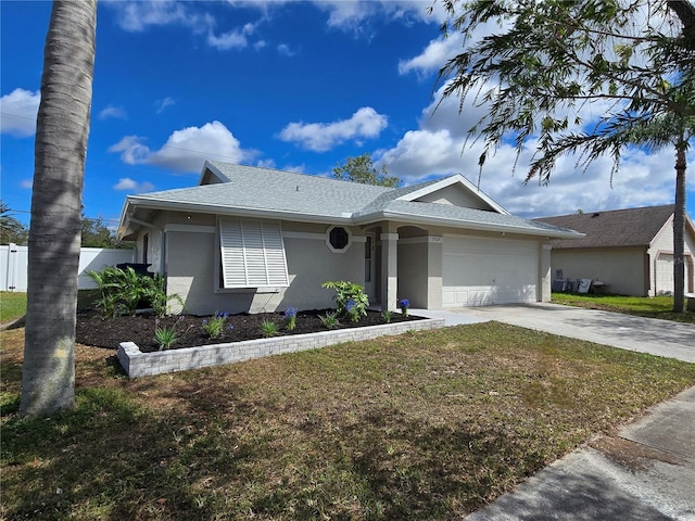 single story home featuring concrete driveway, fence, an attached garage, and stucco siding