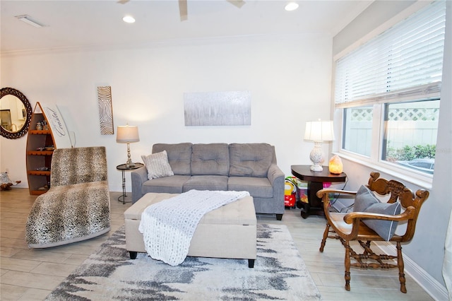 5118 78th St Cir E, Bradenton, FL 34203 - living room with baseboards, recessed lighting, visible vents, and crown molding