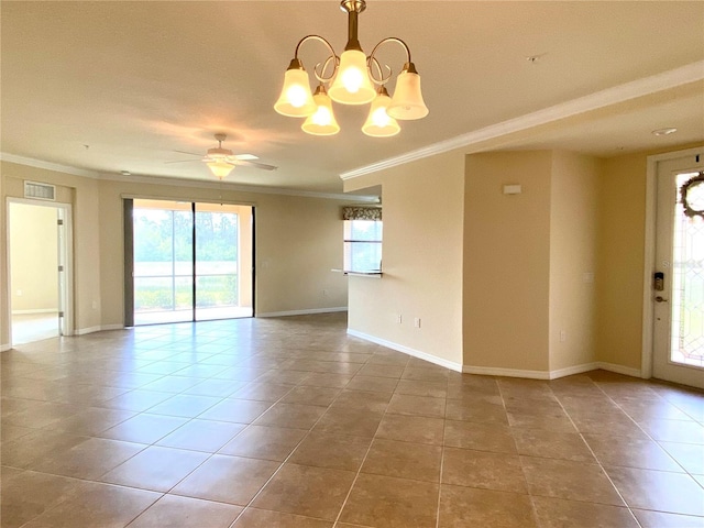 empty room with tile patterned floors, visible vents, and crown molding