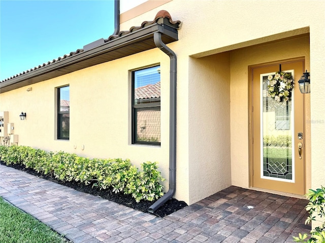 view of exterior entry featuring stucco siding