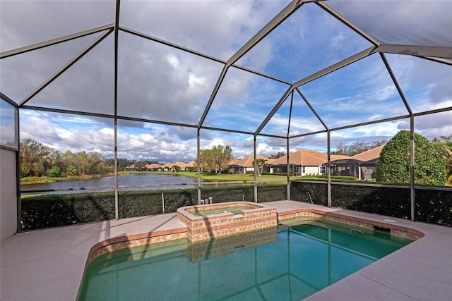 outdoor pool with a water view, a lanai, a residential view, and an in ground hot tub