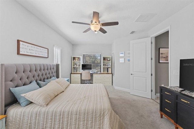 bedroom with visible vents, ceiling fan, light carpet, and baseboards