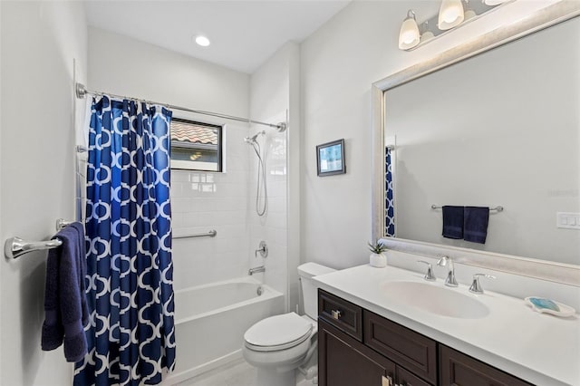 bathroom featuring toilet, shower / bath combination with curtain, and vanity