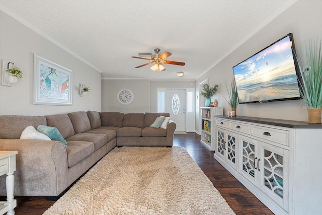 living area featuring a textured ceiling, dark wood-type flooring, a ceiling fan, and crown molding