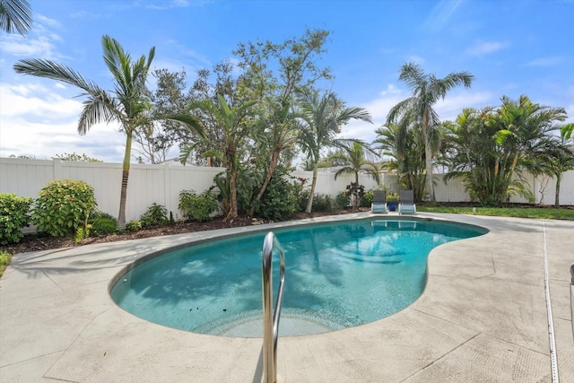 view of swimming pool with a fenced backyard, a fenced in pool, and a patio