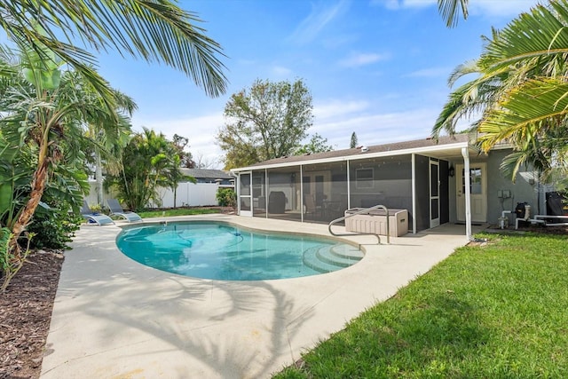 view of swimming pool with a fenced in pool, a yard, a sunroom, a patio area, and fence