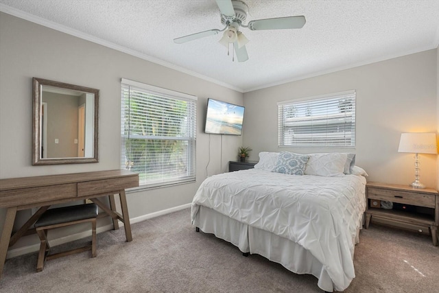 bedroom with crown molding, a textured ceiling, and carpet flooring