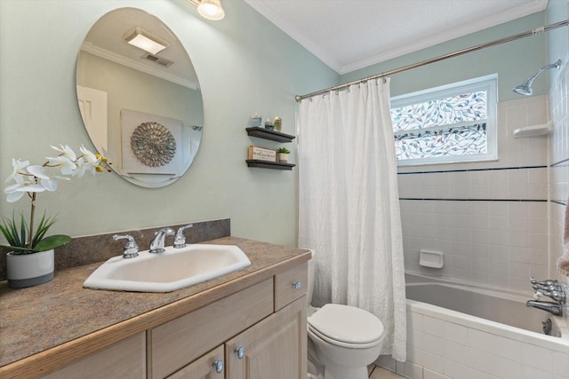 full bath with toilet, shower / bath combo, crown molding, and vanity