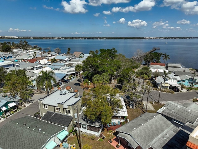 birds eye view of property with a water view and a residential view