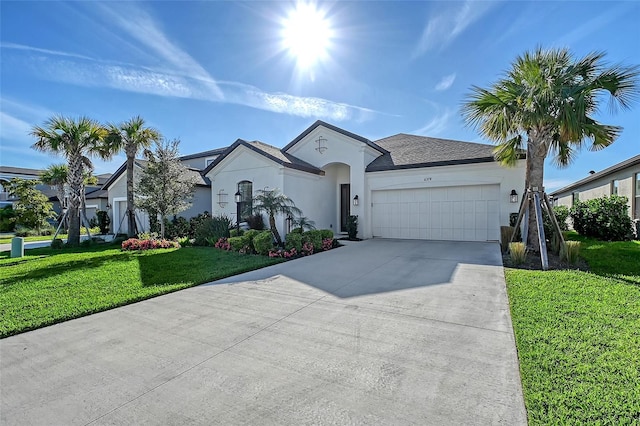 view of front of property featuring an attached garage, driveway, a front yard, and stucco siding