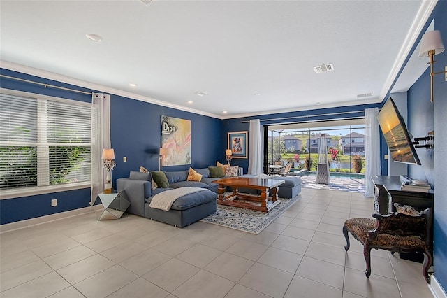 living room featuring crown molding, light tile patterned floors, recessed lighting, visible vents, and baseboards