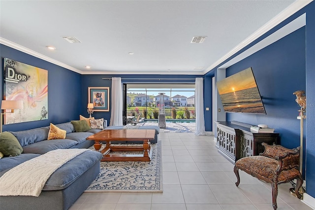 living room with light tile patterned floors, ornamental molding, visible vents, and baseboards