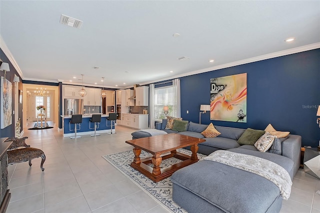 living area featuring light tile patterned flooring, visible vents, crown molding, and recessed lighting