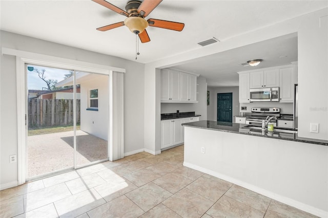 kitchen featuring stainless steel appliances, visible vents, white cabinets, a sink, and a peninsula