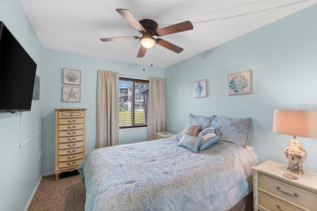 bedroom featuring carpet floors, ceiling fan, and baseboards