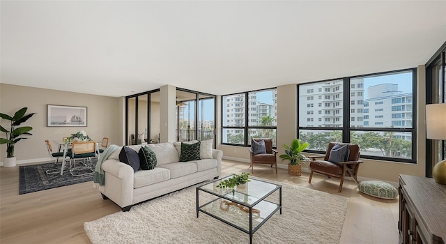 living room featuring a view of city, baseboards, light wood-style flooring, and a healthy amount of sunlight