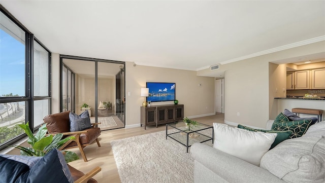 living room with crown molding, light wood-style floors, expansive windows, a healthy amount of sunlight, and baseboards