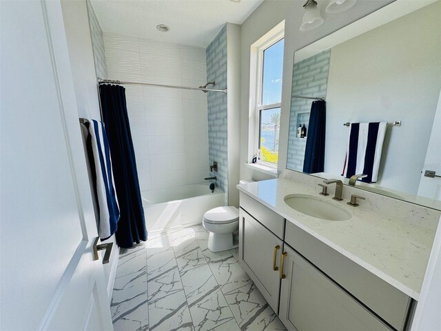 16832 Bolsena Dr, Bella Collina, FL 34756 - full bathroom with marble look tiles, toilet, vanity, and shower / bath combination with curtain