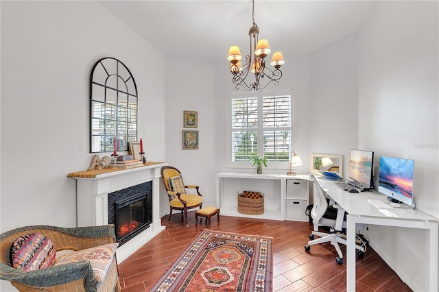 home office featuring a high end fireplace, baseboards, a chandelier, and wood tiled floor