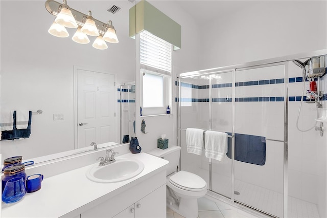 full bathroom with tile patterned floors, visible vents, toilet, a stall shower, and vanity