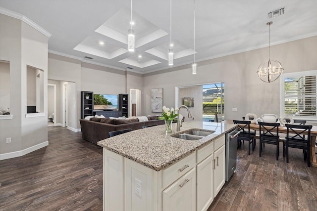 kitchen with visible vents, dishwasher, ornamental molding, a healthy amount of sunlight, and a sink