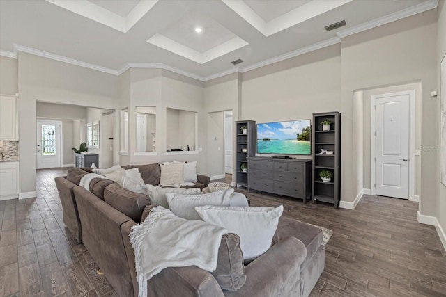 living room with baseboards, visible vents, coffered ceiling, dark wood-style floors, and a high ceiling