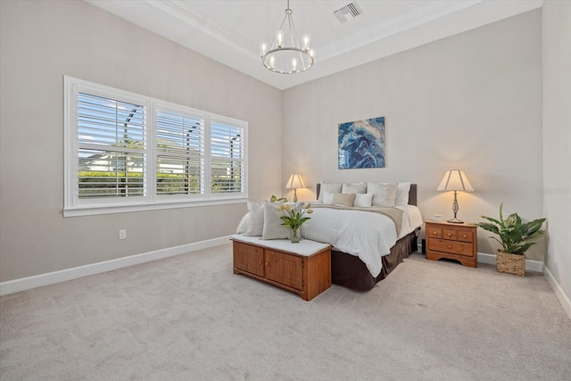 bedroom featuring baseboards, visible vents, a raised ceiling, light colored carpet, and an inviting chandelier