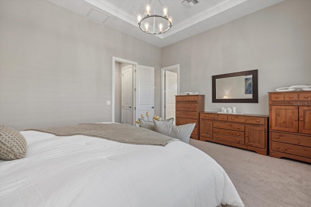 bedroom featuring a raised ceiling, visible vents, ornamental molding, light carpet, and a chandelier