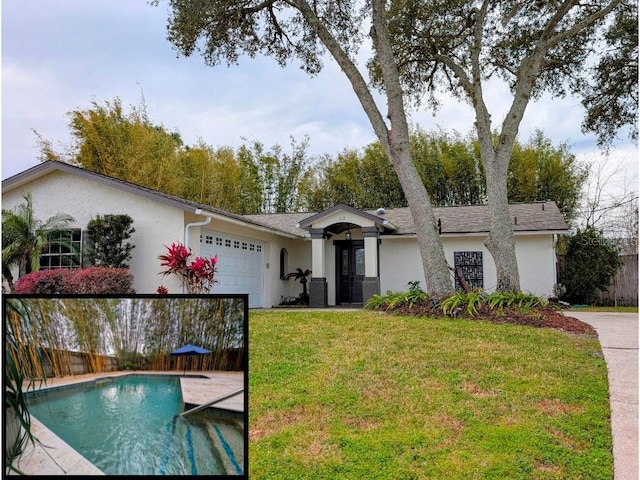 single story home featuring a garage, a front yard, a fenced in pool, and stucco siding