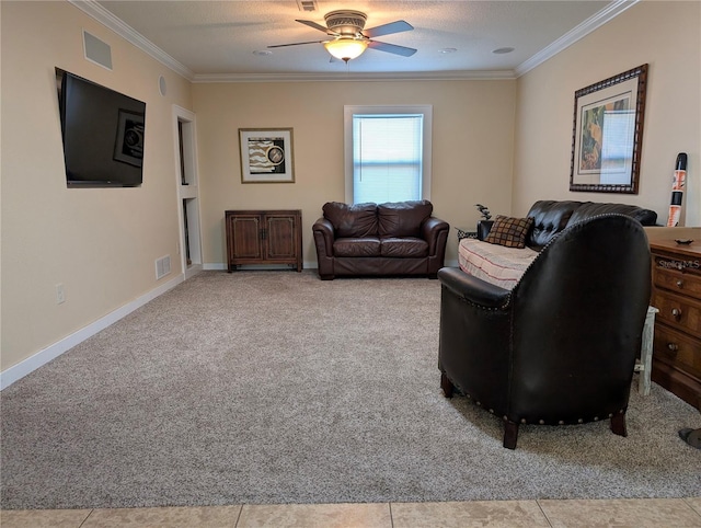 32 Fallen Oak Ln, Palm Coast, FL 32137 - living room with crown molding, a ceiling fan, carpet flooring, and baseboards