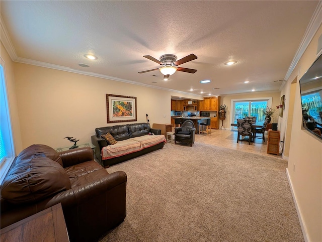 32 Fallen Oak Ln, Palm Coast, FL 32137 - living area with recessed lighting, light carpet, a ceiling fan, crown molding, and a textured ceiling