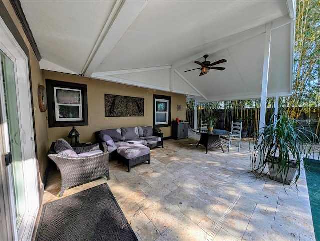 32 Fallen Oak Ln, Palm Coast, FL 32137 - fenced backyard with outdoor lounge area, ceiling fan, outdoor dining area, and a patio area
