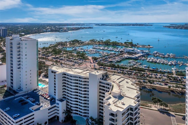 aerial view featuring a view of city and a water view