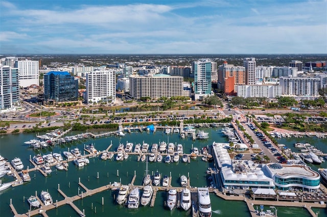 drone / aerial view featuring a water view and a city view