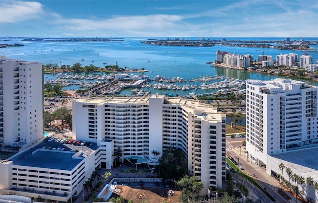 view of urban area with a nearby body of water and numerous boat docks