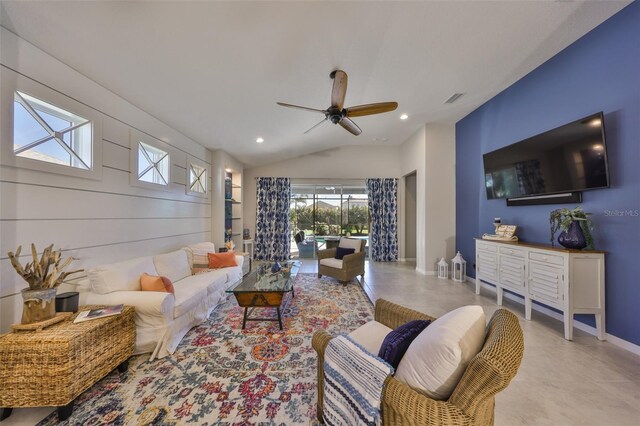 4516 Renwick Dr, Parrish, FL 34219 - living area with ceiling fan, lofted ceiling, recessed lighting, and light tile patterned floors