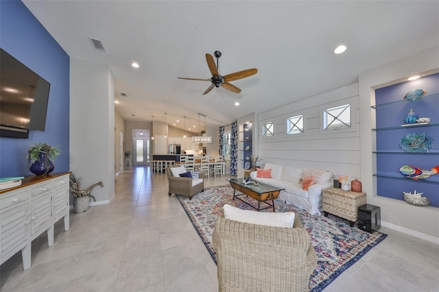 4516 Renwick Dr, Parrish, FL 34219 - living area with a ceiling fan, lofted ceiling, and recessed lighting
