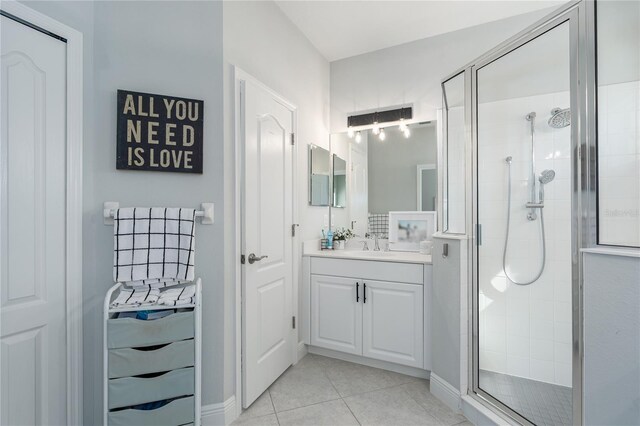 full bath featuring tile patterned flooring, a shower stall, and vanity